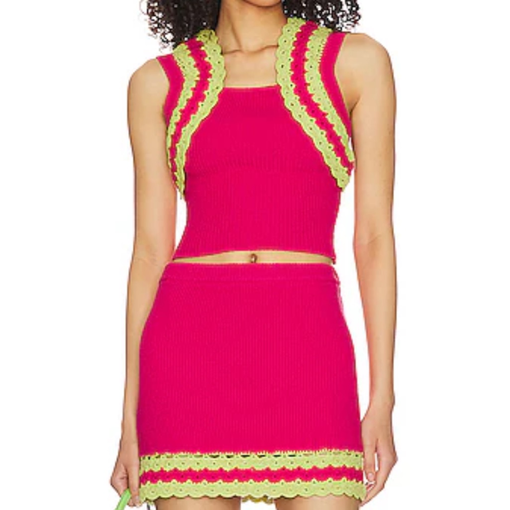 Majorelle Jeneli Crochet Knit Set Pink Green Mini Skirt Set Revolve Xs Nwt